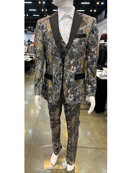 Army Green Tuxedo - Camouflage   Patterned - Two Toned Vested Olive Camo 2 Button  Matching Bowtie Tuxedo