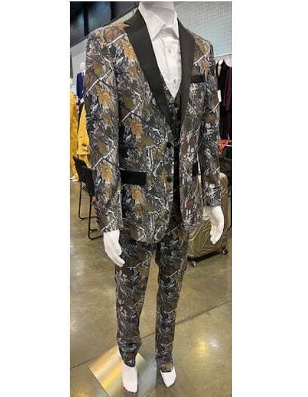 Army Green - Camouflage Patterned Two Toned Vested Olive Camo Tuxedo