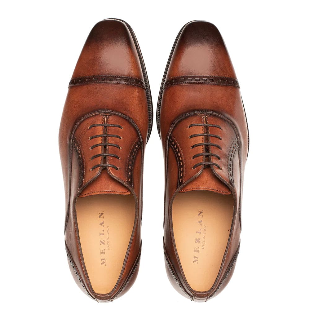 Amaro Cognac Leather Cap Toe Oxford Shoes for Men by Mezlan – Italian Calfskin Dress Shoes Made in Spain