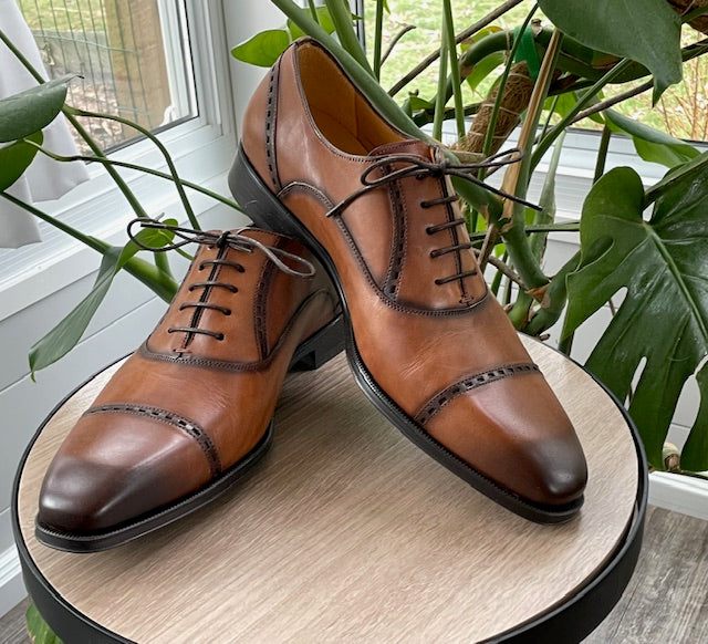 Amaro Cognac Leather Cap Toe Oxford Shoes for Men by Mezlan – Italian Calfskin Dress Shoes Made in Spain
