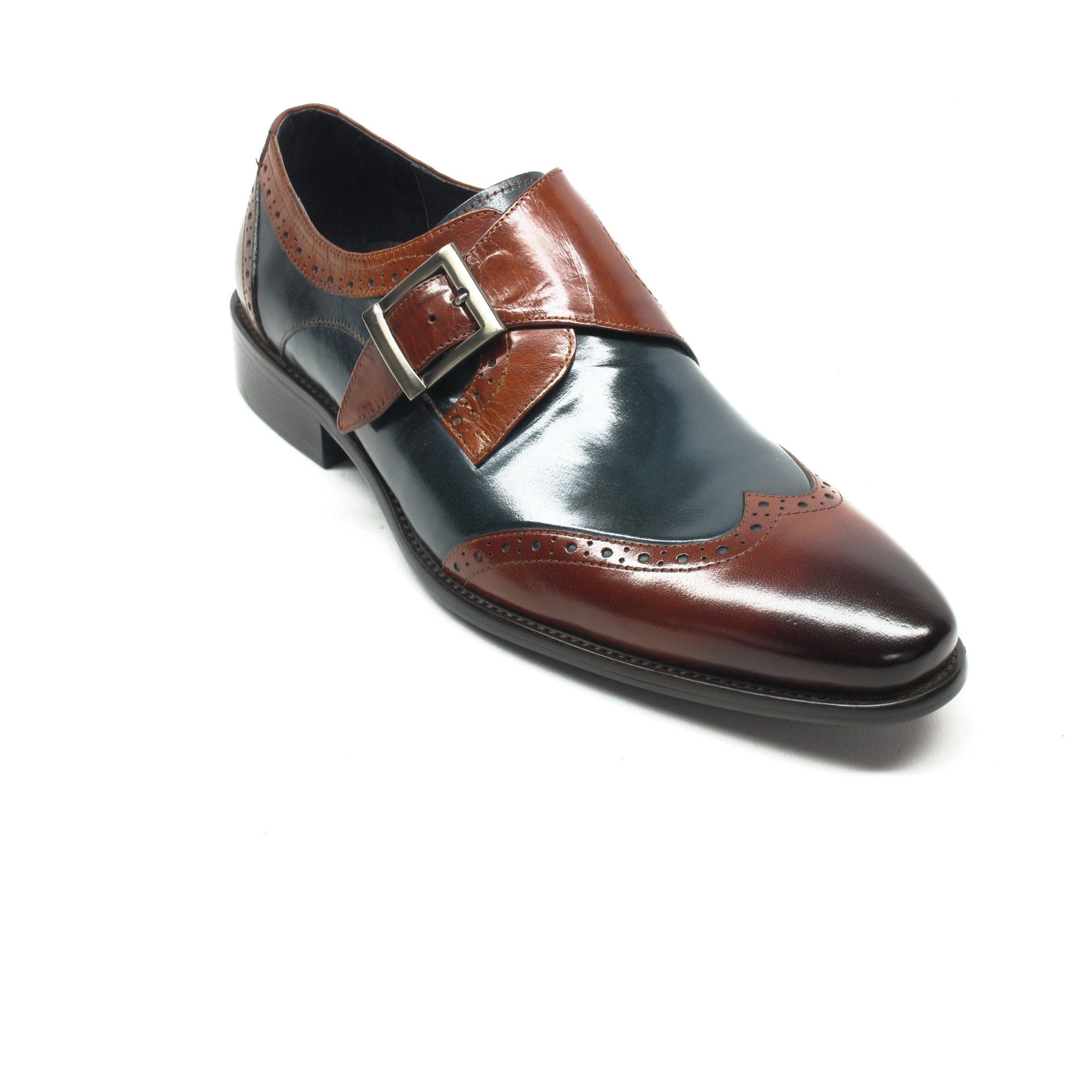 Mens Leather Wingtip Monk Strap Dress Shoe in Brown & Cognac