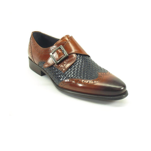 Mens Carrucci Woven Leather Single Buckle Monk Strap Dress Shoe in Black