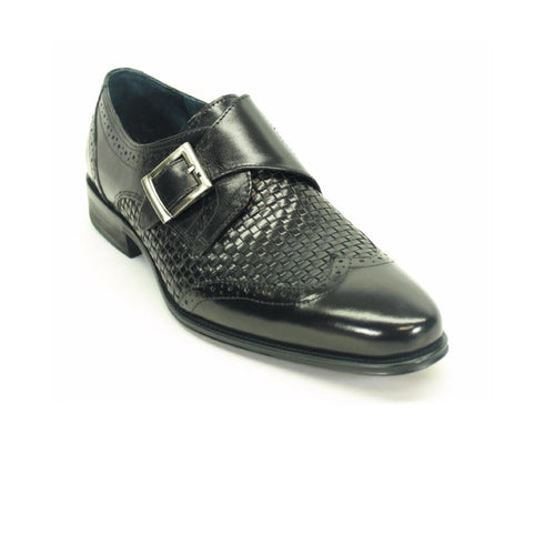 Mens Carrucci Woven Leather Single Buckle Monk Strap Dress Shoe in Brown