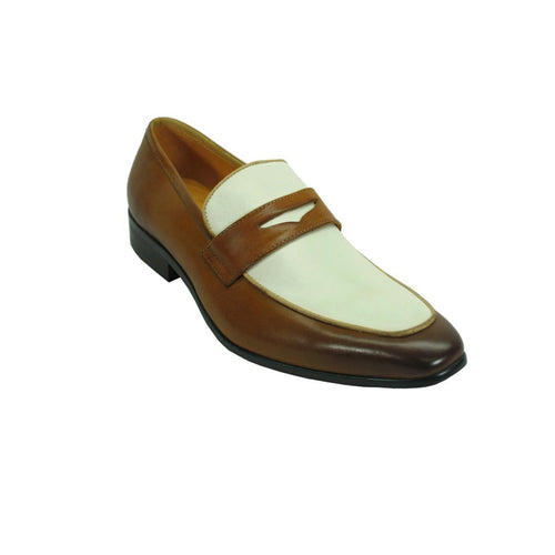 Mens Carrucci Two Tone Penny Loafer Dress Shoe in Brown & Bone