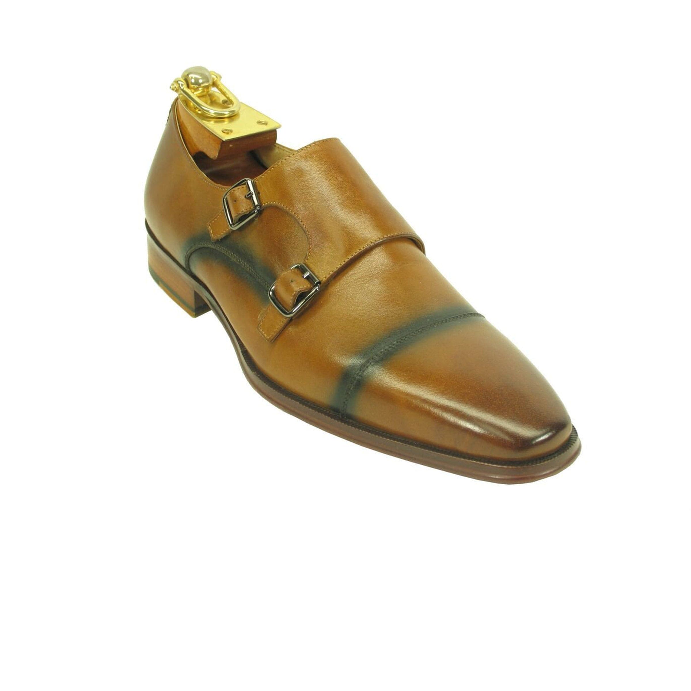 Mens Wholecut Two Tone Leather Cap Toe Monk Strap Dress Shoes in Lawn & Tan