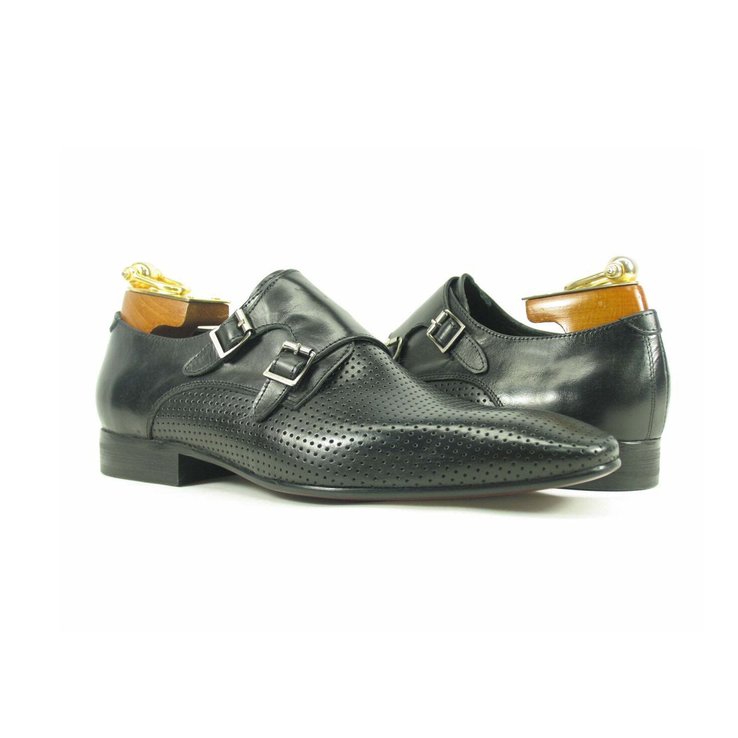 Mens Perforated Leather Double Monk Strap Dress Shoe in Brown