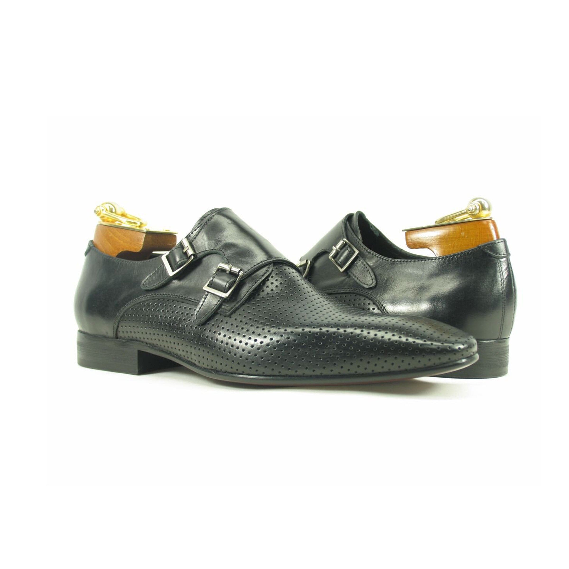 Mens Perforated Leather Double Monk Strap Dress Shoe in Black