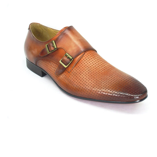 Mens Perforated Leather Double Monk Strap Dress Shoe in Black