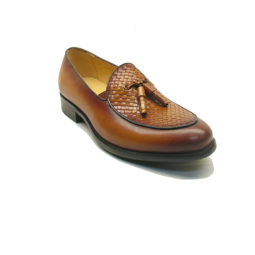 Mens Carrucci Woven Leather Tassel Loafer Dress Shoe in Chestnut