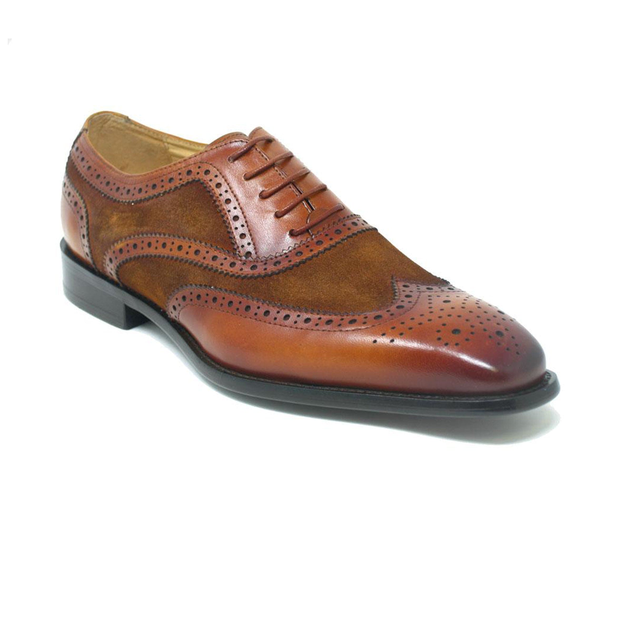 Carrucci Men's Cognac Wingtip Dress Shoes – Mixed Media Leather Design