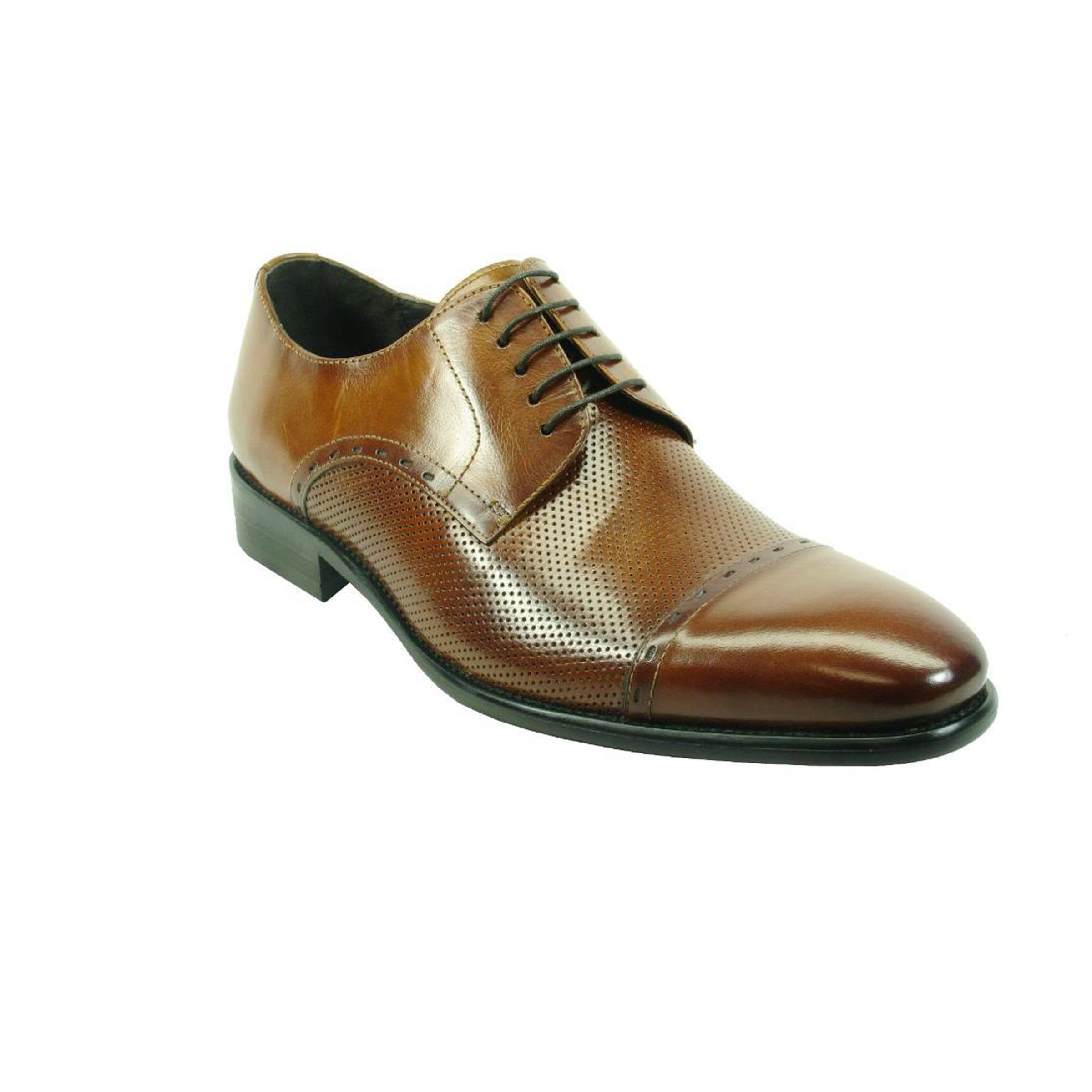 Mens Carrucci Perforated Leather Cap Toe Dress Shoe in Cognac