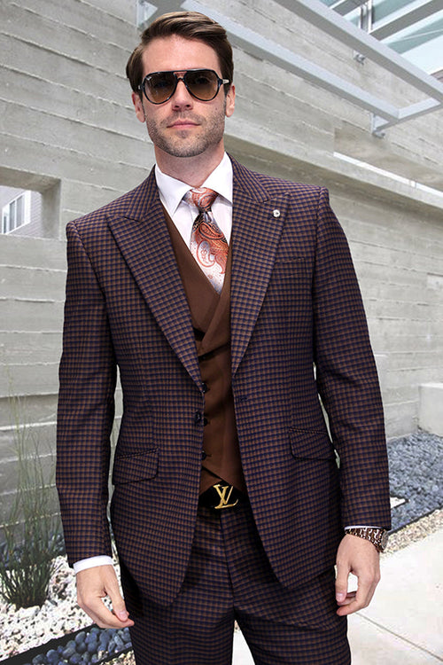 Men's copper micro plaid wool suit. Designer one-button, peak lapel, dark brown/copper tones. Structured shoulders, fitted silhouette.
