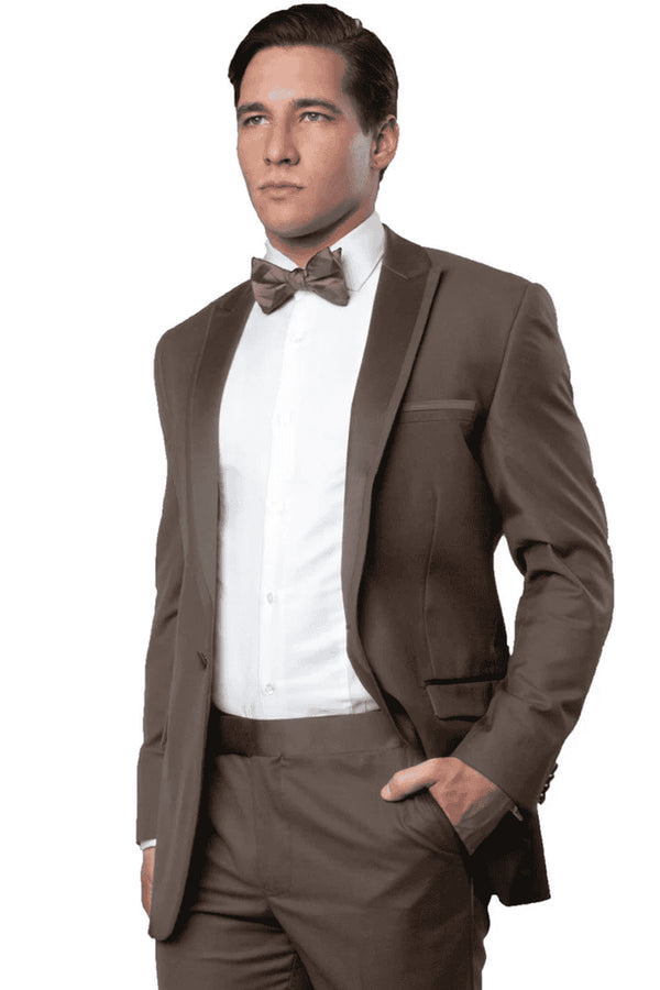 Men's Slim Fit One Button Satin Trim Peak Lapel Prom & Wedding Tuxedo In Champagne