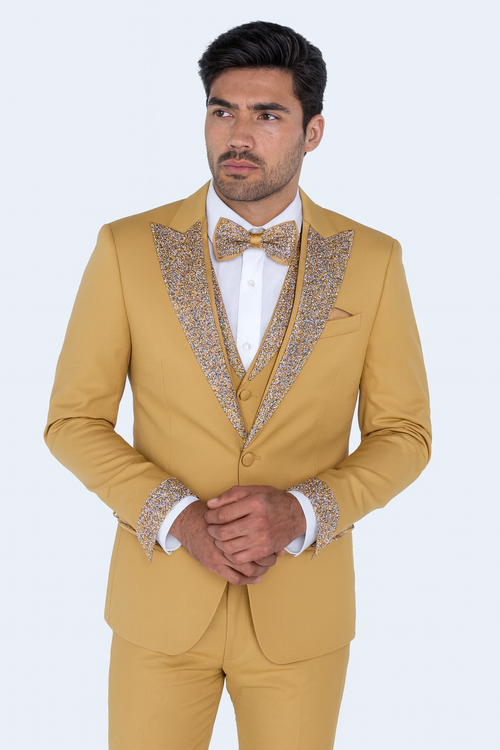 Mens Champagne Gold Prom Tuxedo – 4-Piece Wedding Suit with Vest