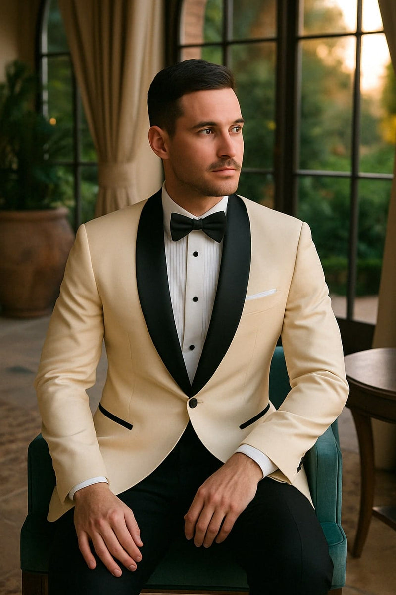 Mens Champagne Light Tan Tuxedo Jacket with Black Shawl Lapel Classic One-Button Formal Dinner Jacket - Nude Color