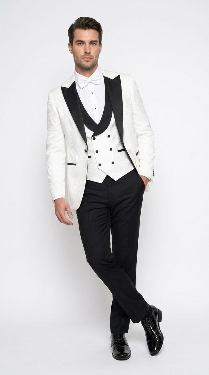 Men’s White and Black Vested Tuxedo Suit, Formal Wedding Groom Prom Dinner Suit
