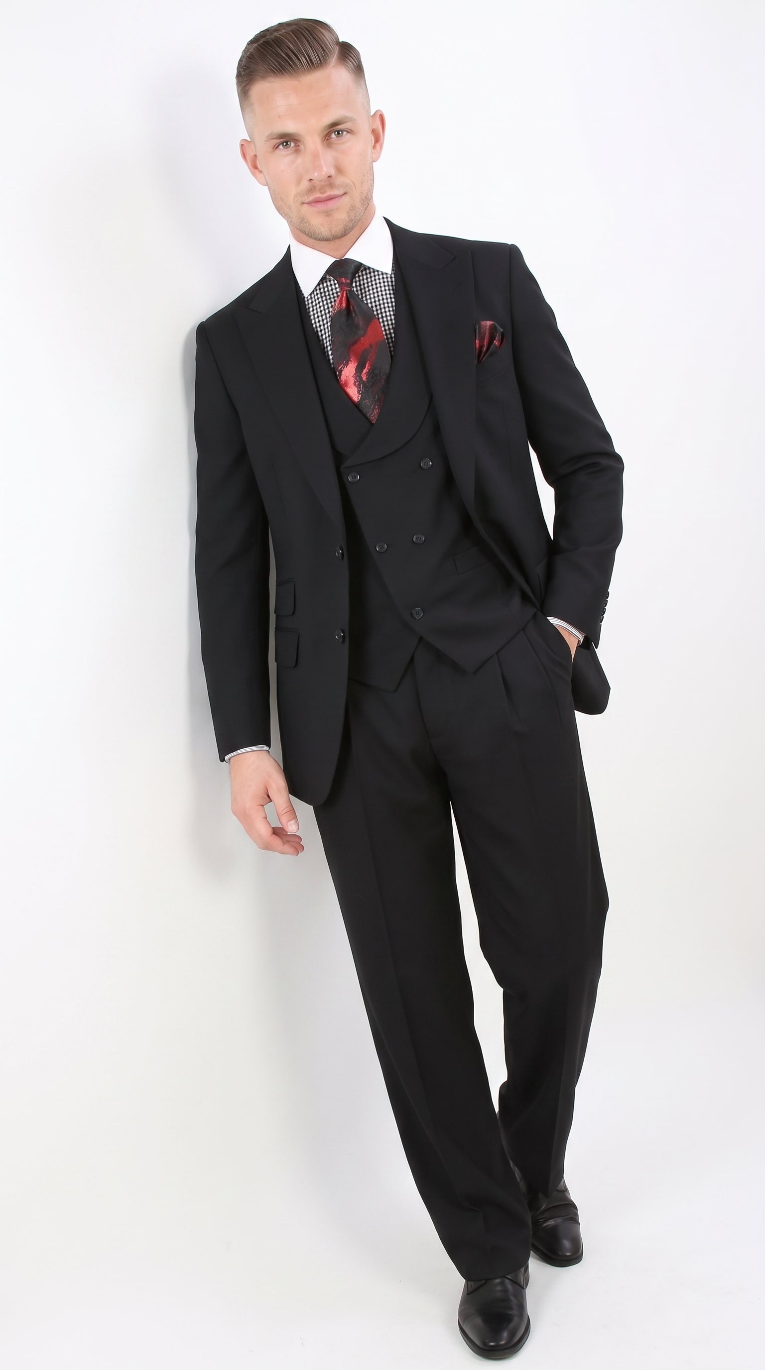 Men’s Black 100% Wool Super 150s Suit, Classic Fit Athletic Cut with Double Breasted Vest and Pleated Pants