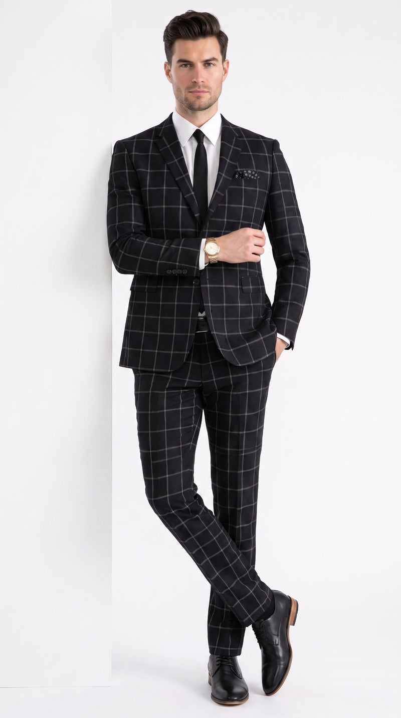 Men’s Black Windowpane Plaid Suit, 1920s Inspired Formal Wedding Prom Dress Suit