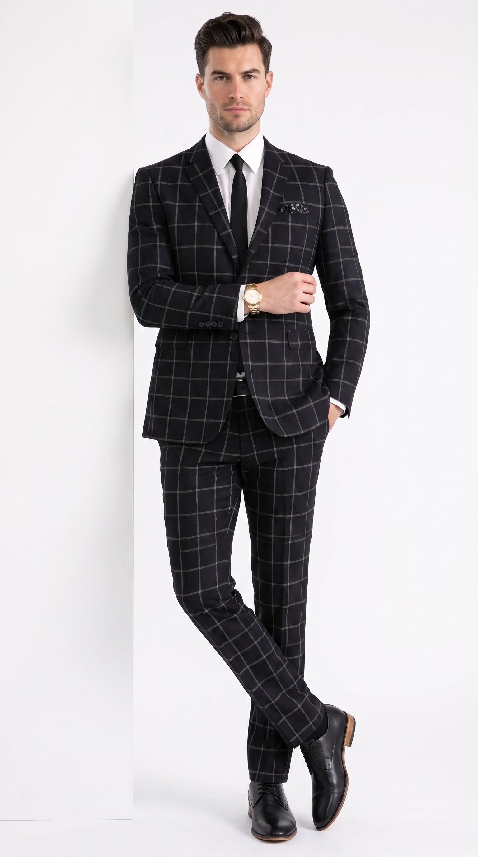 Men’s Black Windowpane Plaid Suit, 1920s Inspired Formal Wedding Prom Dress Suit