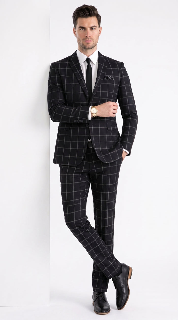 Men’s Black Windowpane Plaid Suit, 1920s Inspired Formal Wedding Prom Dress Suit