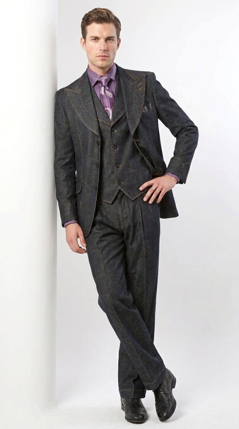 Apollo King Men’s Black Denim Vested Suit, Peak Lapel Wide Leg Formal Dress Suit