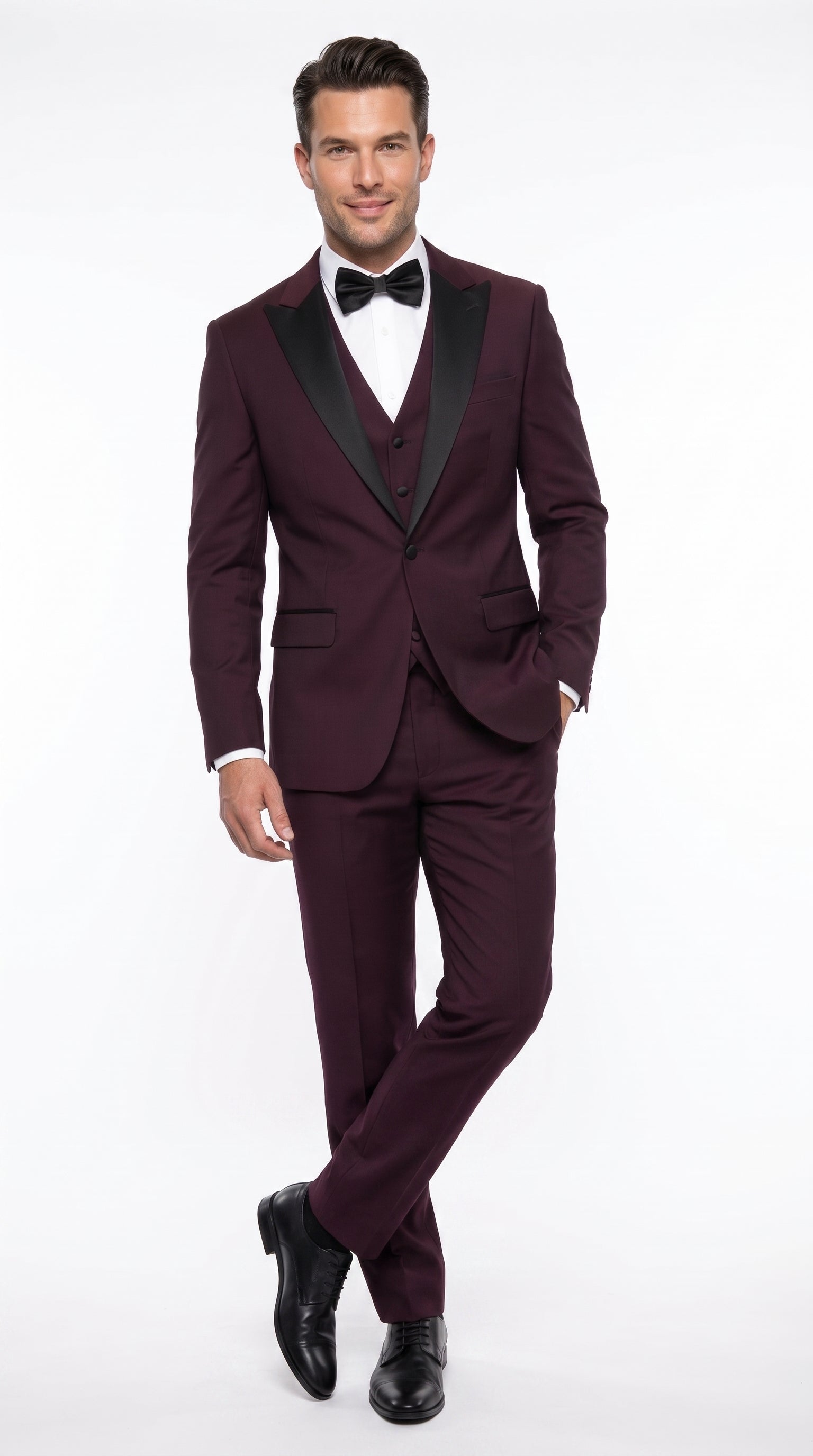 Alberto Men’s Burgundy 1 Button Peak Lapel Tuxedo, Formal Wedding Prom Dinner Suit