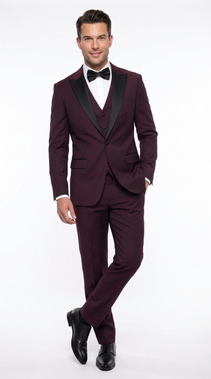Alberto Men’s Burgundy 1 Button Peak Lapel Tuxedo, Formal Wedding Prom Dinner Suit