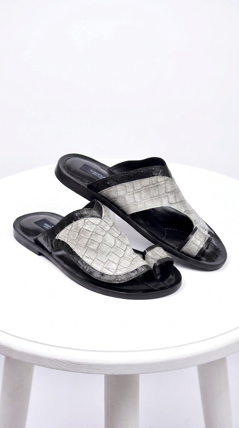 Corrente 5831 Men’s Exotic Crocodile Sandals – Black & Grey