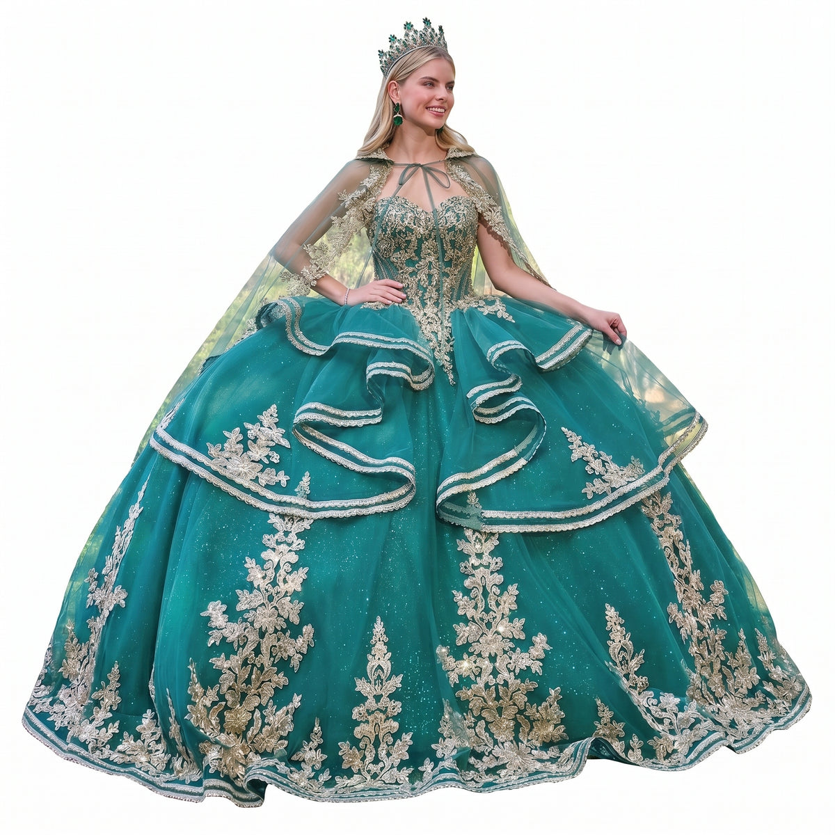 Elizabeth K GL3671 Emerald Green Quinceañera Ball Gown – Strapless Sweetheart Beaded Corset Dress with Ruffle-Tier Skirt & Embroidered Cape