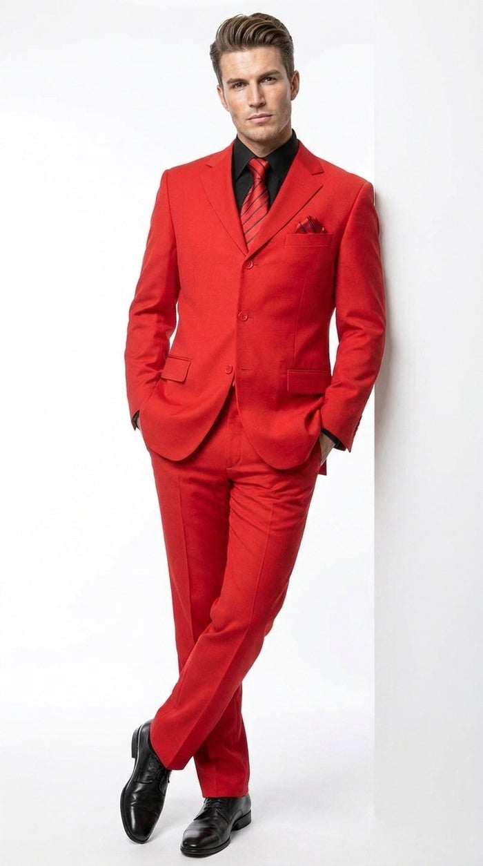 G-Men Men’s Red Super 120s Suit, Solid Color Formal Wedding Prom Business Dress Suit