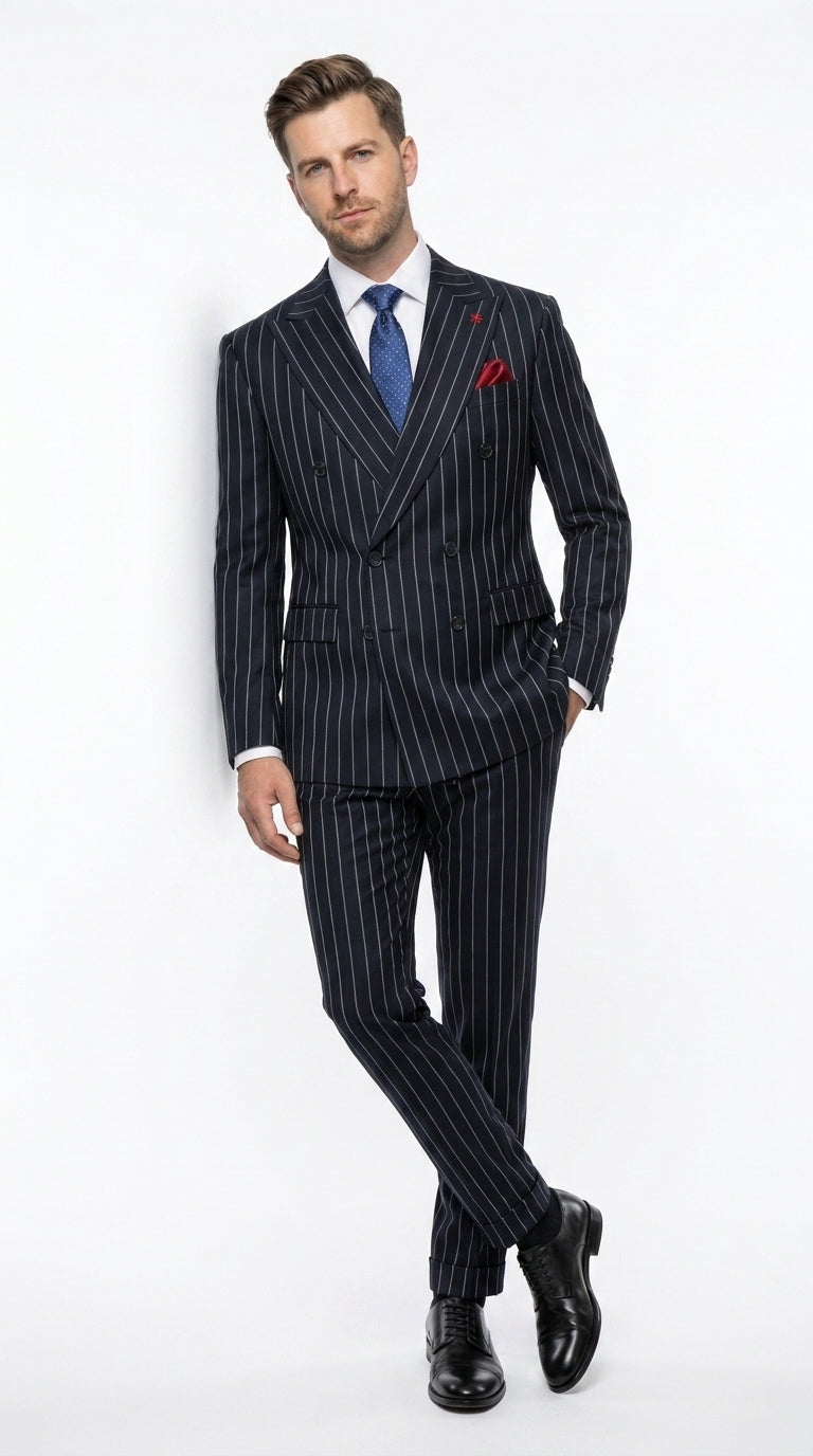 Statement Men's 2 Piece 100% Wool Modern Fit Pinstripe Suit - Double Breasted Jacket
