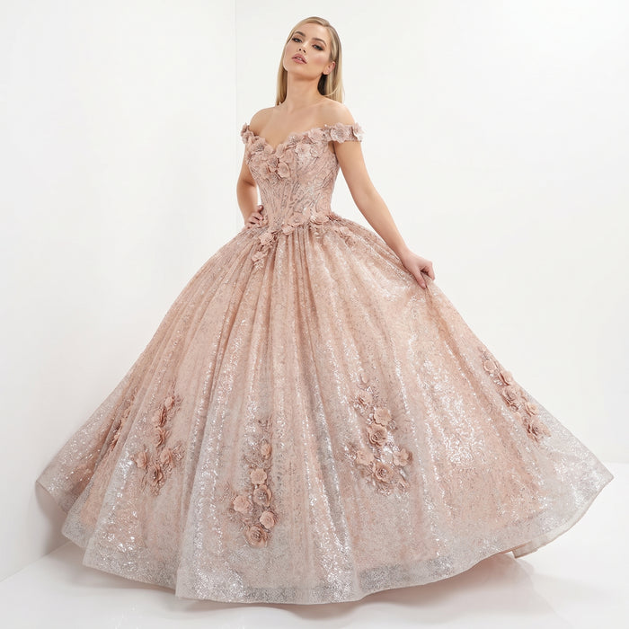 Champagne Off-Shoulder Quinceañera Ball Gown with 3D Floral Appliqués & Detachable Train – Sweet 15 Princess Dress