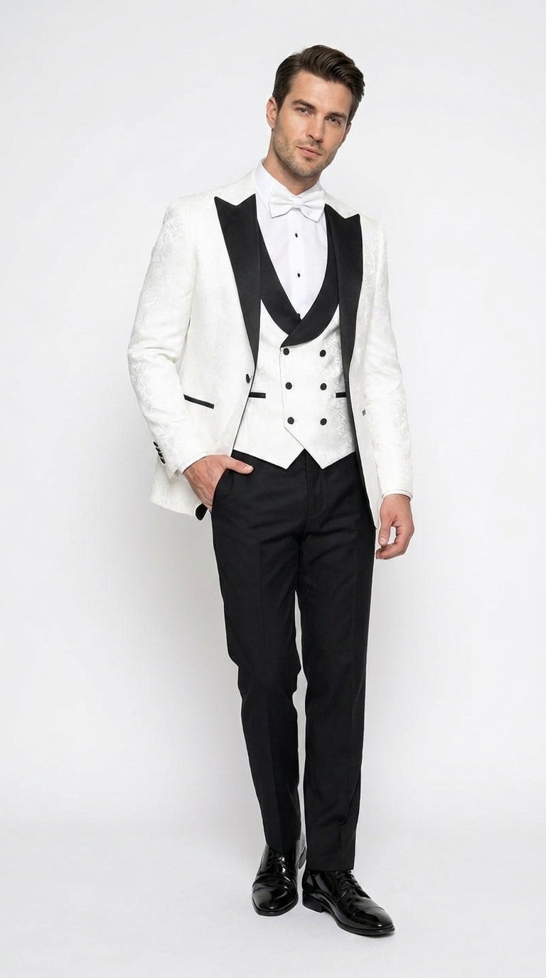 Men’s White and Black Vested Tuxedo Suit, Formal Wedding Groom Prom Dinner Suit