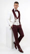 Men’s White and Burgundy Vested Tuxedo Suit, Formal Wedding Groom Prom Dinner Suit