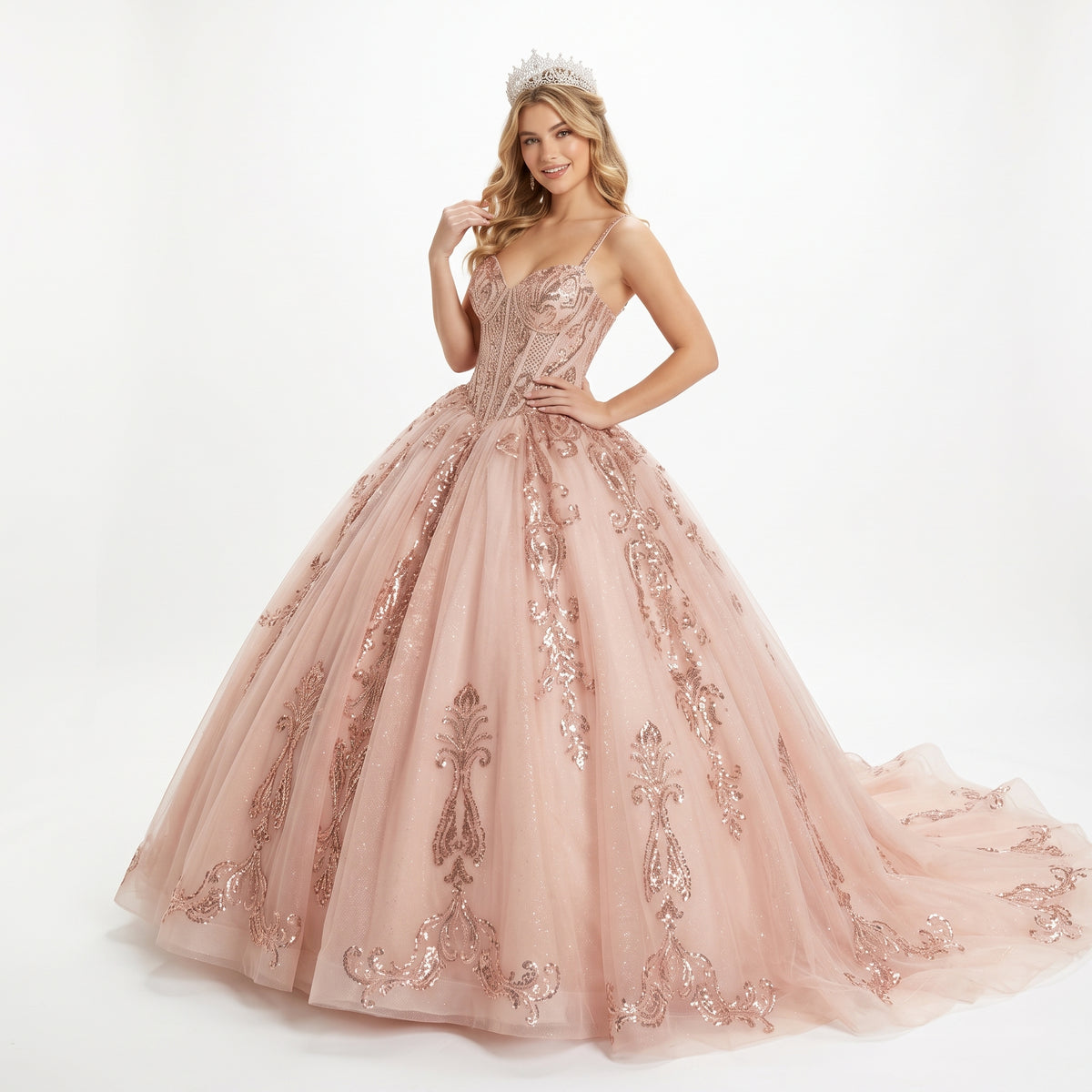 Quinceañera Ball Gown with Beaded Corset Bodice Glitter Tulle Skirt & Crystal Tiara By LK294