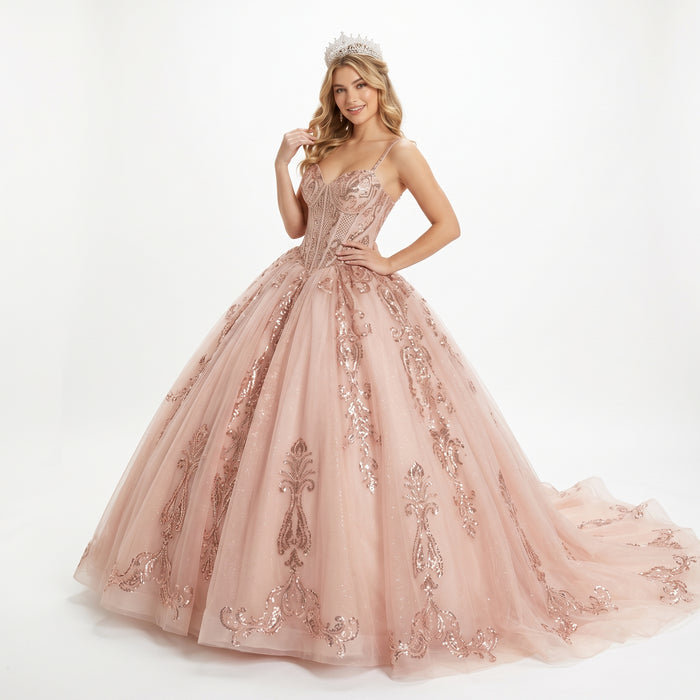 Quinceañera Ball Gown with Beaded Corset Bodice Glitter Tulle Skirt & Crystal Tiara By LK294
