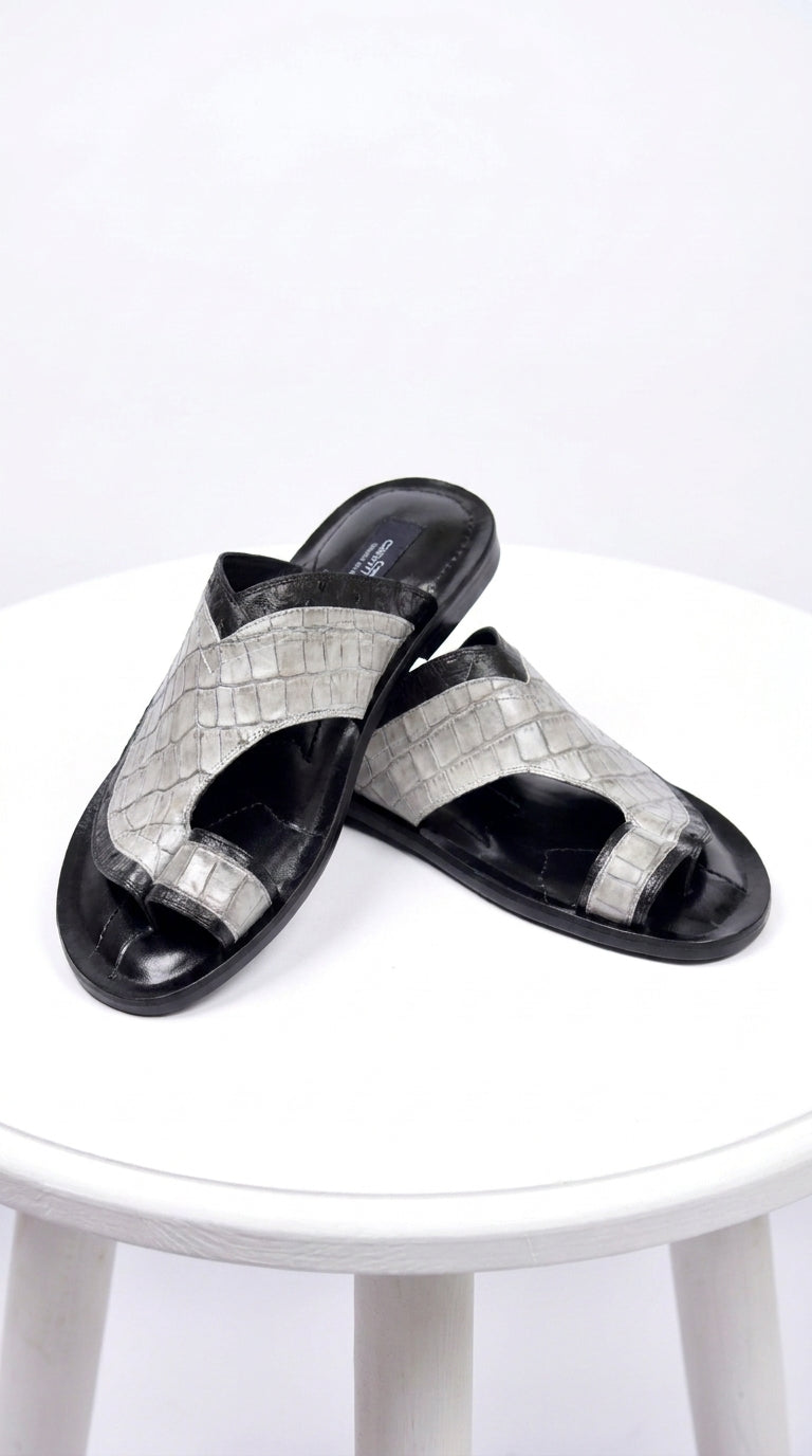 Corrente 5831 Men’s Exotic Crocodile Sandals – Black & Grey