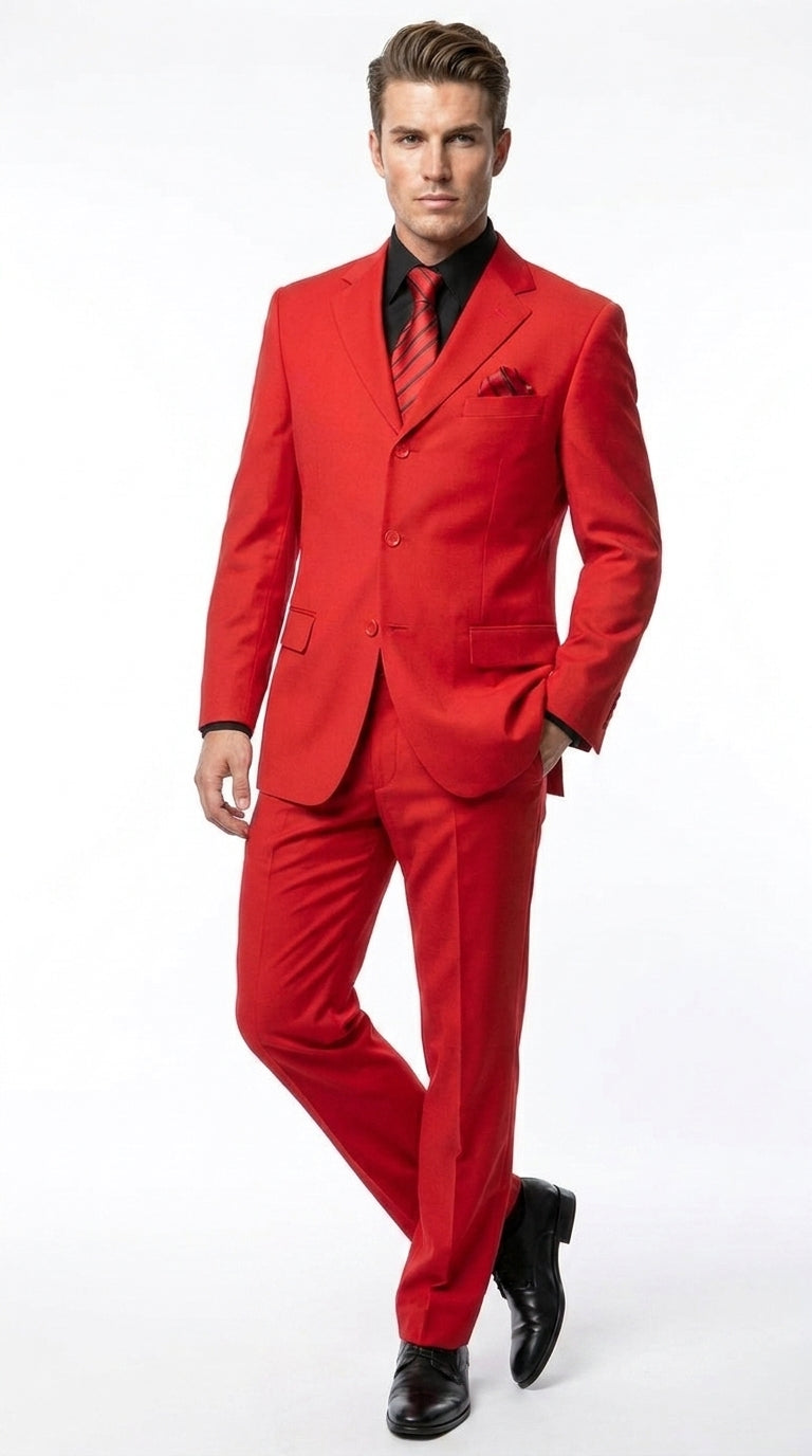 G-Men Men’s Red Super 120s Suit, Solid Color Formal Wedding Prom Business Dress Suit