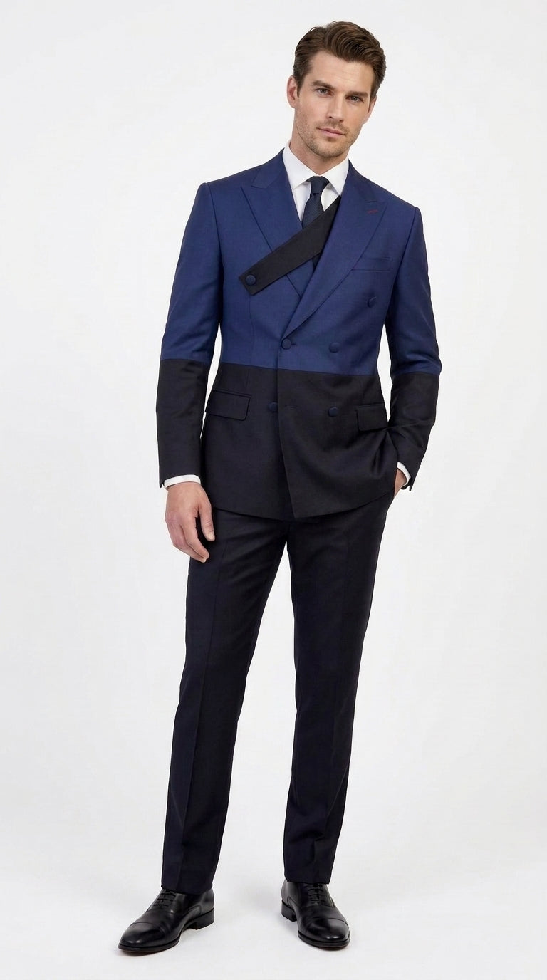 Statement Men’s Two Tone Double Breasted Suit, Modern Fit 2 Piece Wool Formal Wedding Suit