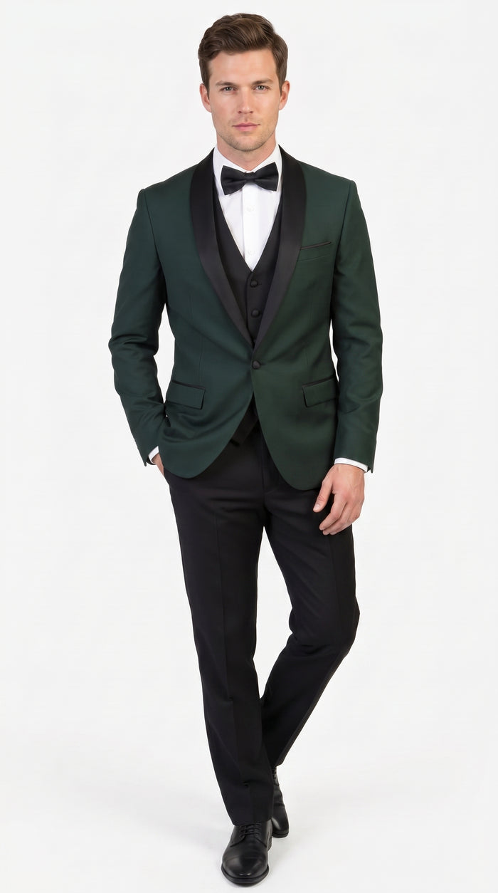 Men’s Hunter Green Tuxedo Suit with Black Pants and Vest, Wedding Prom Formal Tuxedo