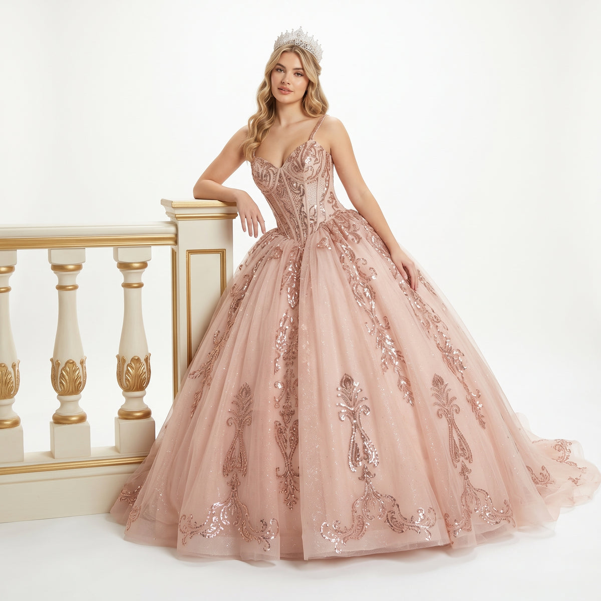 Quinceañera Ball Gown with Beaded Corset Bodice Glitter Tulle Skirt & Crystal Tiara By LK294