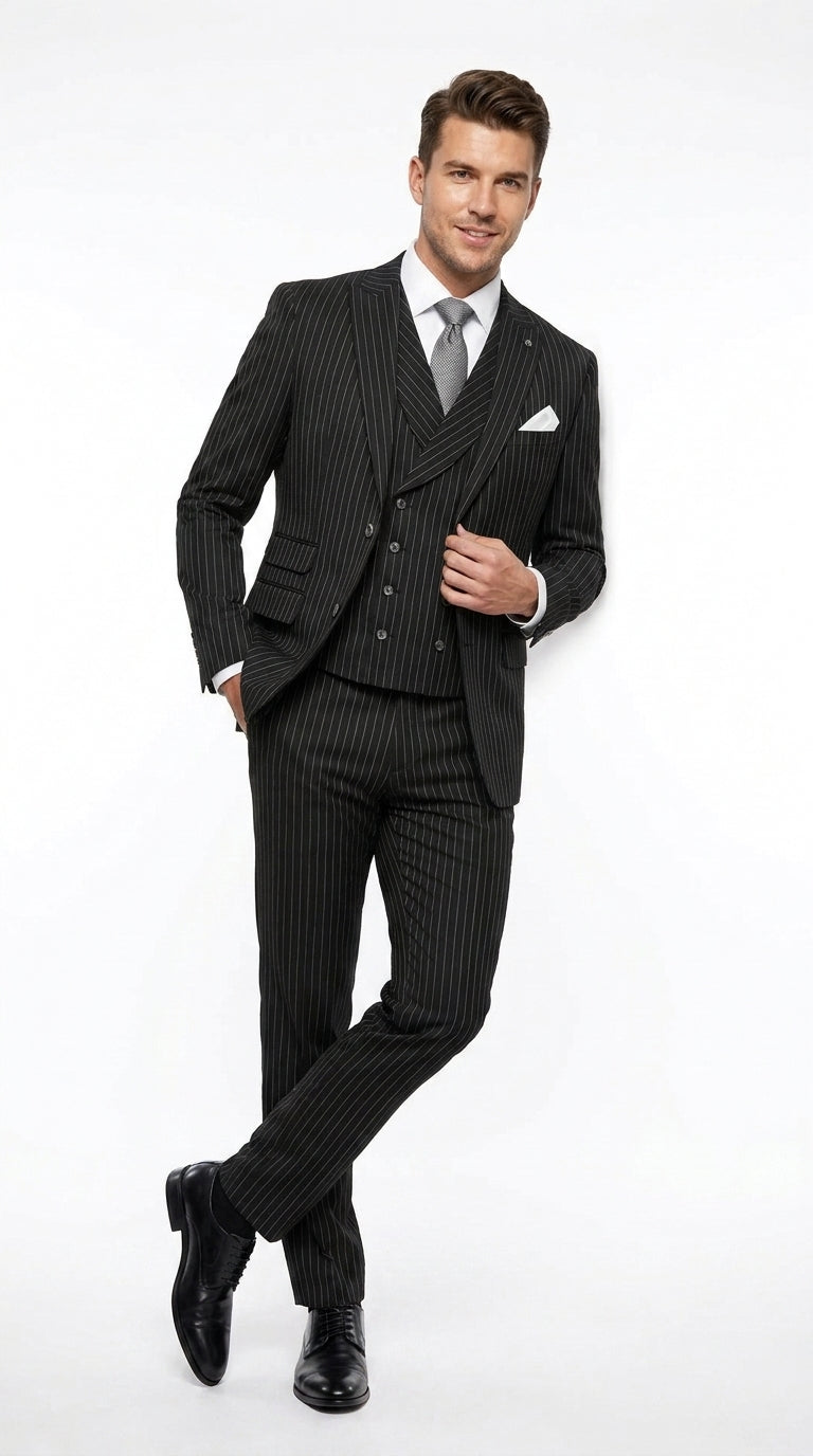 Statement Men’s Black Pinstripe 3 Piece Wool Suit, Fashion Formal Wedding Business Dress Suit