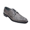 Grey Belvedere Chapo men's dress shoe. Hornback caiman crocodile leather with textured scales. Rounded toe, low heel, lace-up design, metal tag. Smooth black outsole.
