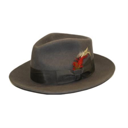 Charcoal wool fedora for men. Structured, tapered crown, wide brim. Satin lined. Decorative feather accent. Classic, stylish design.

