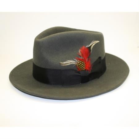 Men's charcoal gray fedora hat. Crafted from 100% wool. Features a soft crown, wide brim, and black ribbon band. Includes red and feather accents.