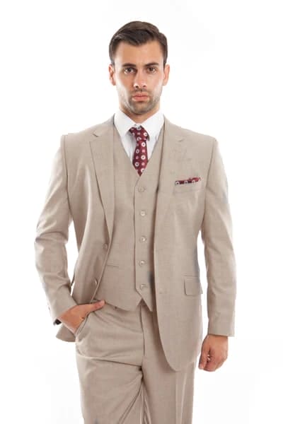 Tan Wool Modern Fit 3 Piece  2 Button  Suit