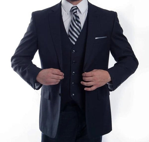 Navy Wool Windowpane Vested  2 Button  Suit