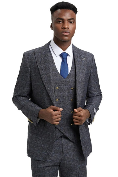 Plaid Suit - Windowpane Suit - Checkered Suit - Mens Vested Charcoal Suit