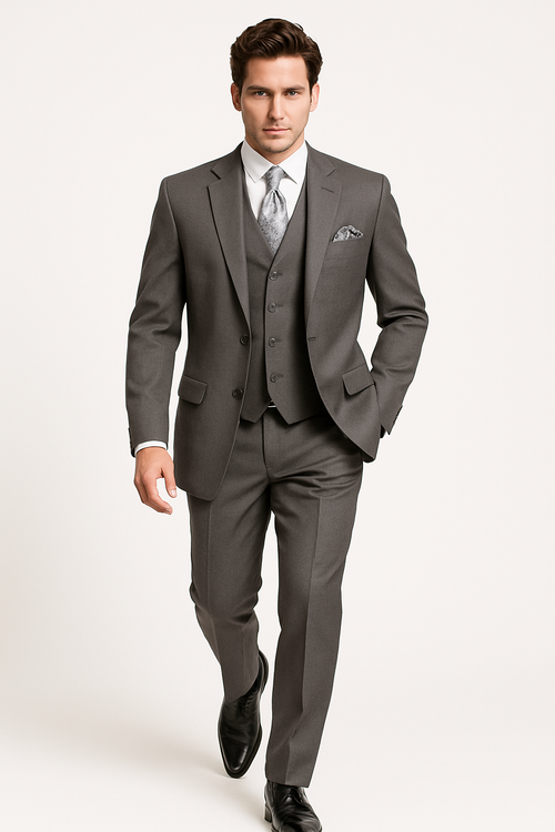 "Charcoal Grey Men's 2-Button Suit with Pleated Pants & Double-Breasted Vest"