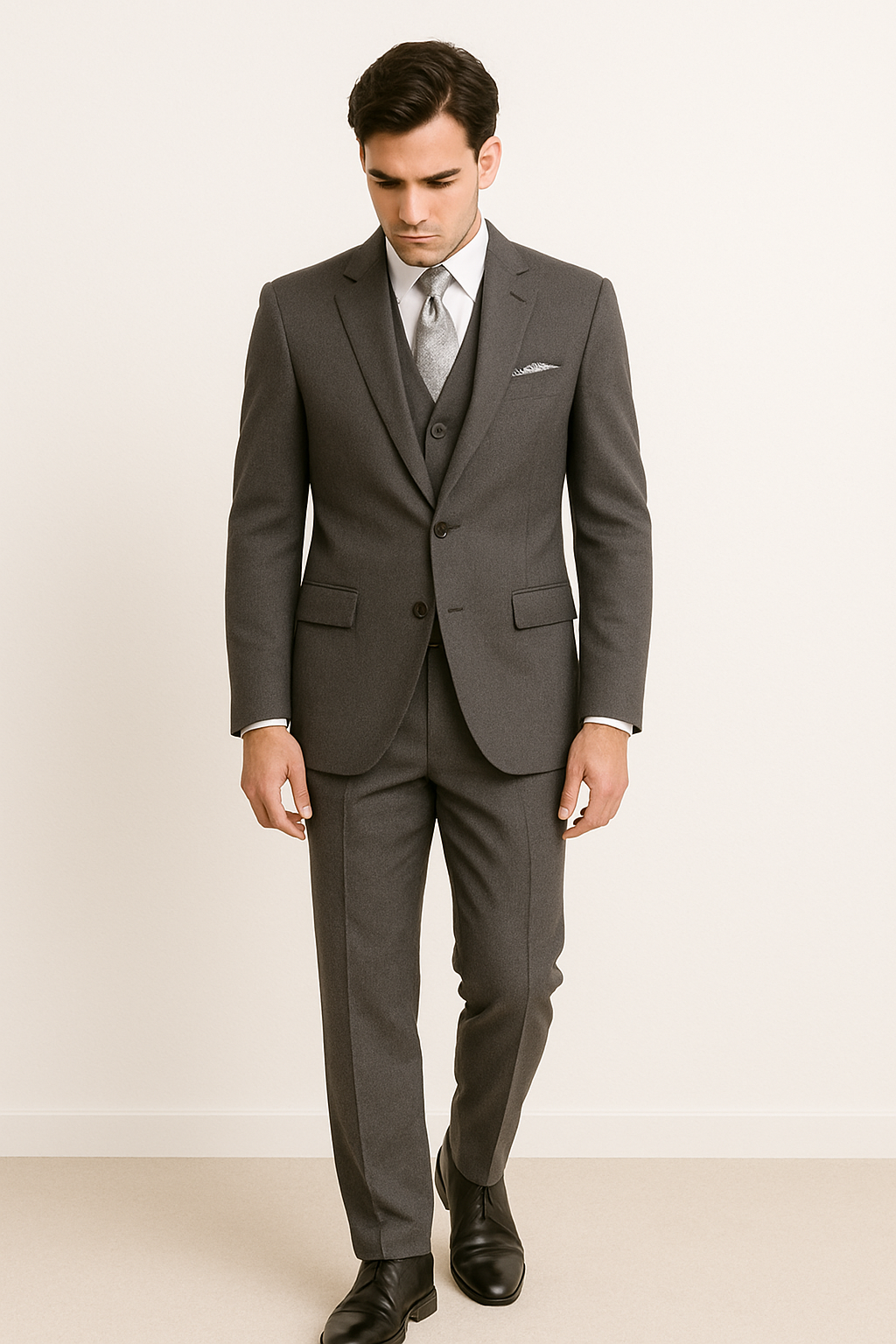 "Charcoal Grey Men's 2-Button Suit with Pleated Pants & Double-Breasted Vest"